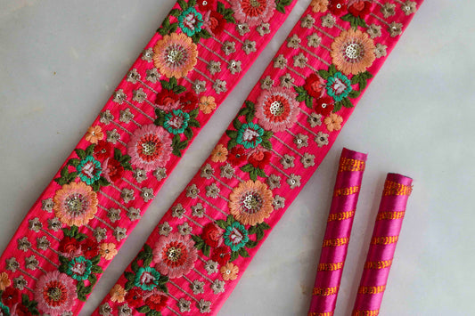 Bright Pink Floral Embroidered Trim,Pink Floral Lace,Indian Fabric Trim,Rani Pink Pastel Floral Saree Border,Price/mtr