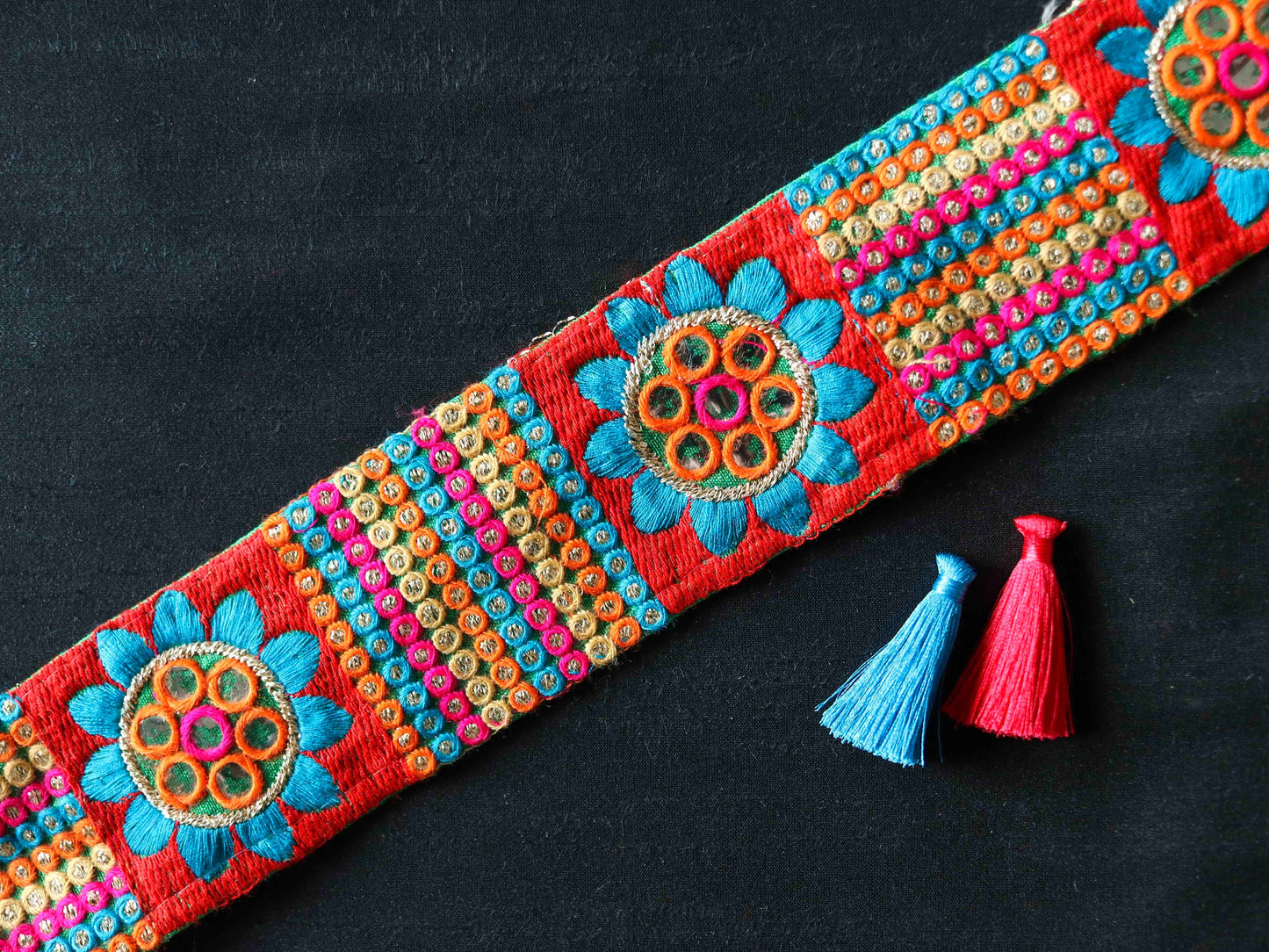 Boho Red Blue Embroidered Trim,Indian Kutchi Handmade Mirror Sequin Border,Red Gold Green Rasta Lace,Tribal Hippie Saree Border,Price/mtr