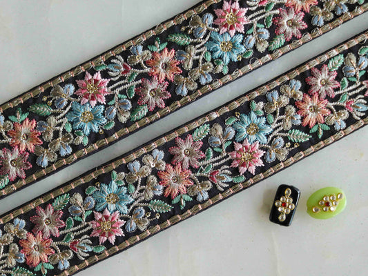 Black Pink Floral Embroidered Trim,Kashmir Embroidery,Black Blue Saree Border,Boho Black Rustic Designer Lace,Indian Fabric Trim,Price/mtr