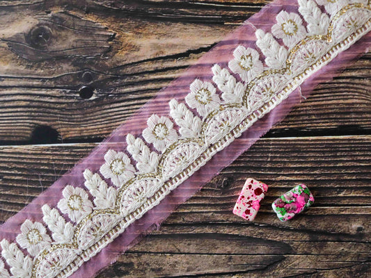 Pink White Floral Embroidered Trim,Indian Fabric Net Sequins Border,Pink Sequins Lace,Pink Gold Saree Border,Price/mtr