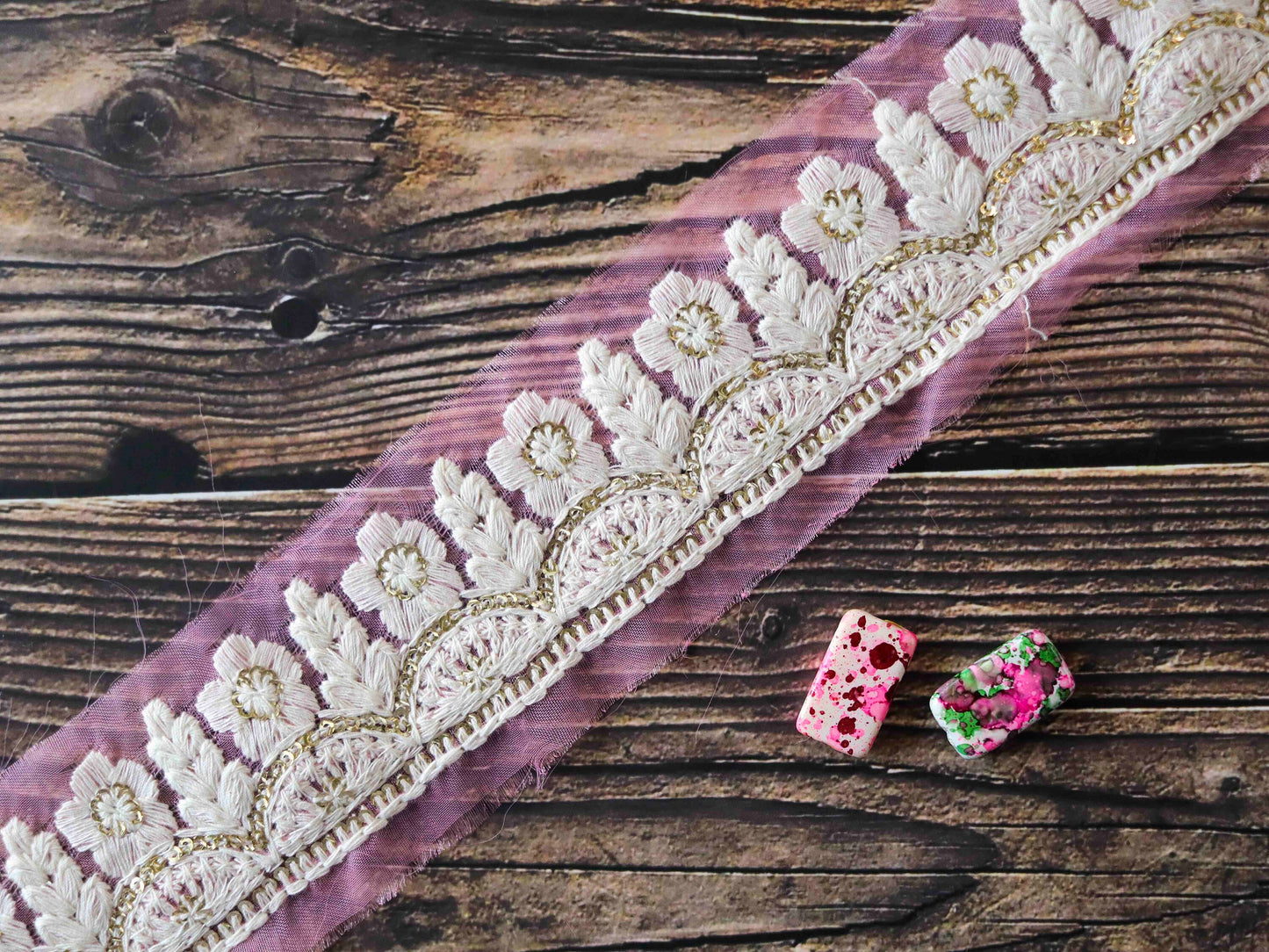 Pink White Floral Embroidered Trim,Indian Fabric Net Sequins Border,Pink Sequins Lace,Pink Gold Saree Border,Price/mtr
