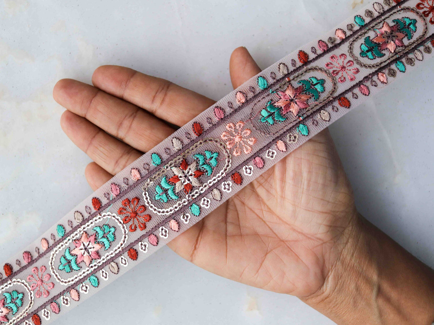 Peach Fuzz Floral Embroidered Trim,Net Sequin Floral Border,Pink Green Floral Net Lace,Indian Fabric Trim,Floral Saree Border,Price/mtr