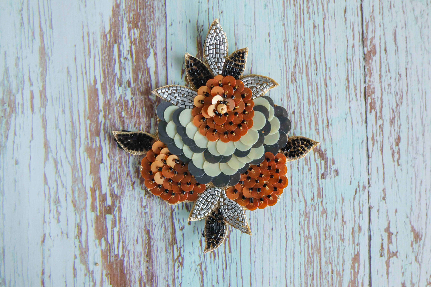 White Gold Beaded Floral Patch,Handmade embroidered large flower applique, 3 D White wedding Floral patch, DIY Patch