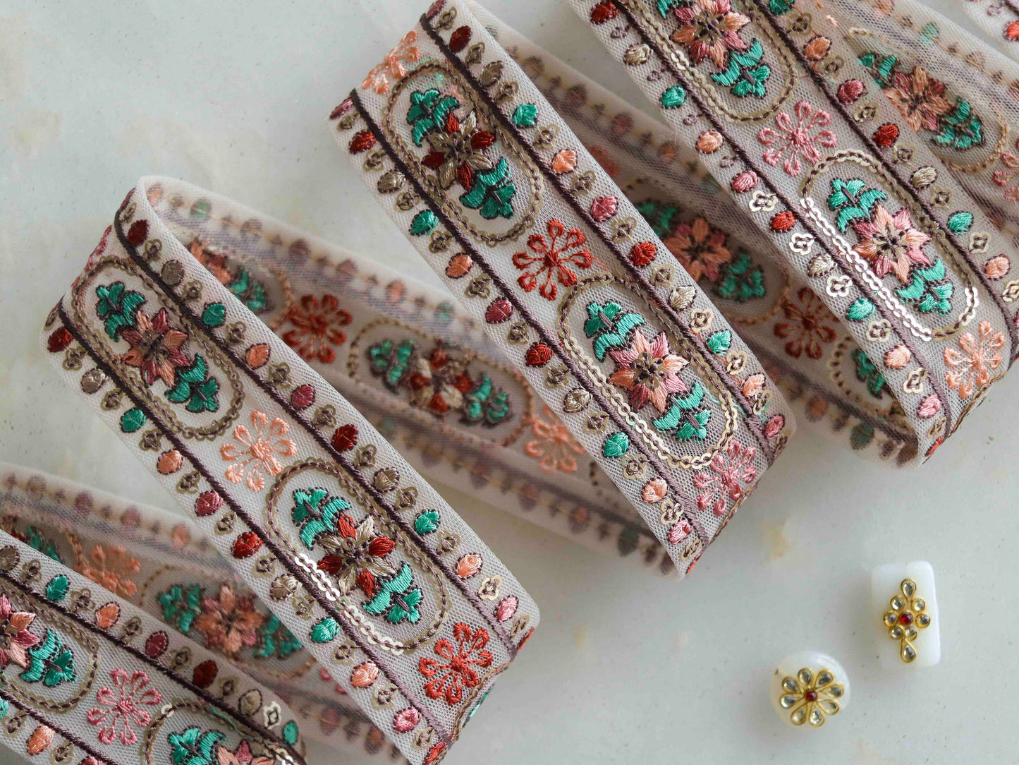 Peach Fuzz Floral Embroidered Trim,Net Sequin Floral Border,Pink Green Floral Net Lace,Indian Fabric Trim,Floral Saree Border,Price/mtr