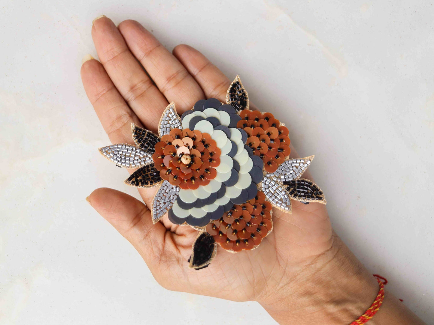 White Gold Beaded Floral Patch,Handmade embroidered large flower applique, 3 D White wedding Floral patch, DIY Patch