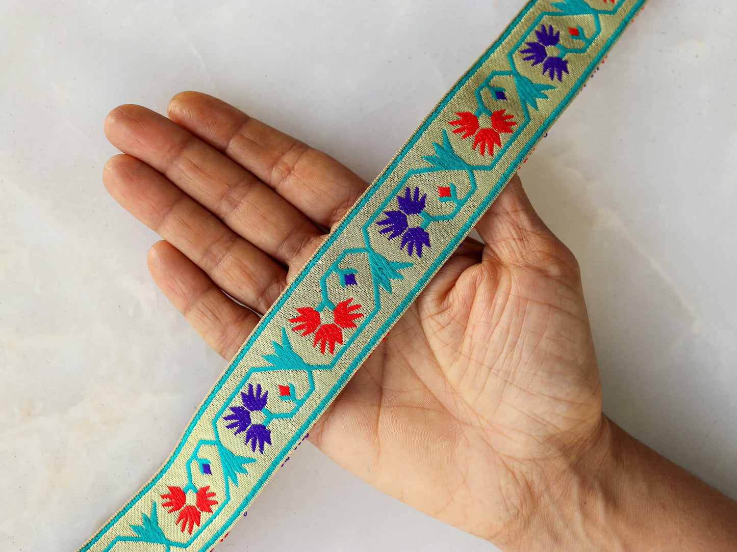 Red Blue Floral Banarasi Trim,Brocade Border,Indian Brocade Lace,Banarasi Saree Border,Golden Bridal Trim,Price/mtr