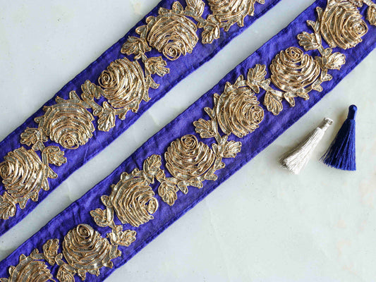 Blue Gold Ribbon Floral Trim,Golden Rose Applique Floral Lace,Indian Fabric Trim,Blue Gold Floral Saree Border, インド刺繍リボン, Price/mtr,