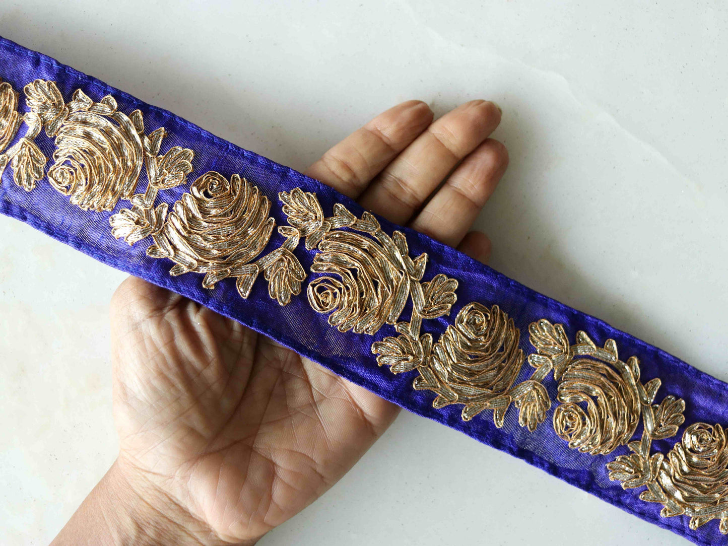 Blue Gold Ribbon Floral Trim,Golden Rose Applique Floral Lace,Indian Fabric Trim,Blue Gold Floral Saree Border, インド刺繍リボン, Price/mtr,