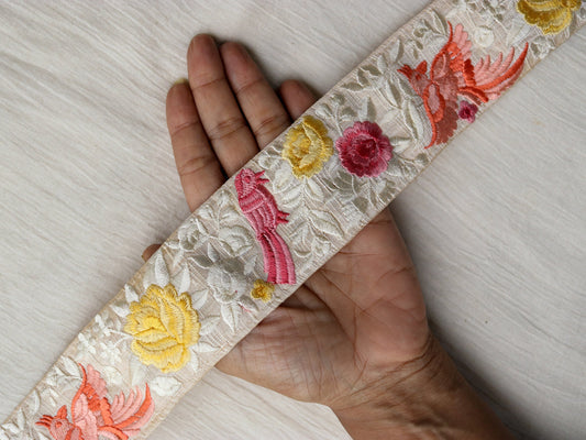 White Pink Bird Embroidered Trim,Floral Peach Fuzz Parrot Border,Pastel Beige White Floral Lace,Pink Floral Bird Saree Border,Price/mtr