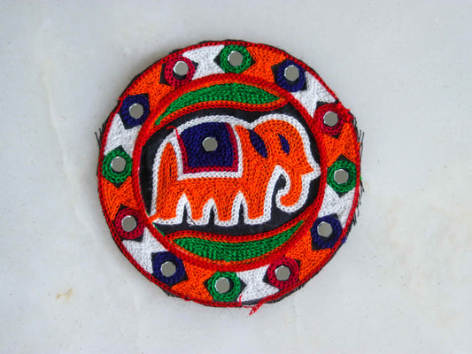 Round Orange Elephant Embroidered Patch, Kutchi Handmade Mirror Applique, Boho Tribal Banjara Multicolour Quirky Patch,DIY Costume Patch