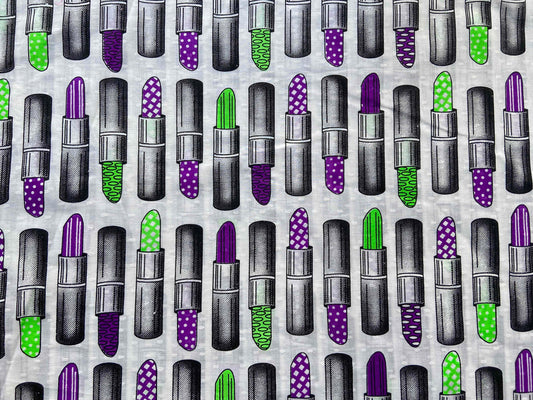 Quirky Lipstick Digital Print Fabric,White Purple Fun Print,Quirky Cosmetic Make-up Print Dobby Cotton,Home Décor Children's Quilting Fabric