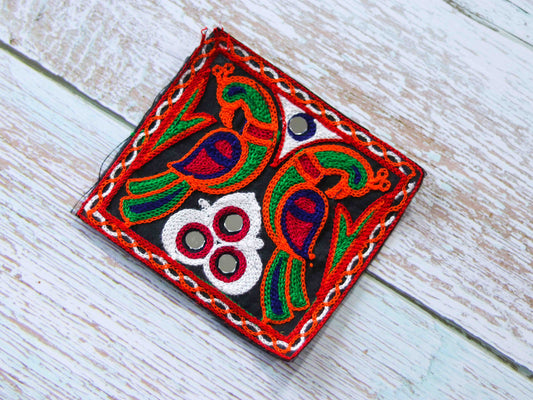 Black Orange Peacock Embroidered Patch, Kutchi Handmade Square Mirror Applique, Boho Tribal Banjara Multicolour Quirky DIY Costume Patch