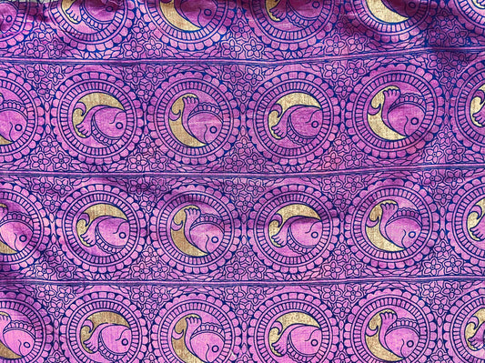 Pink Fish Print Madhubani Fabric,Indian Block Print Fish Painting Chanderi Cotton,Quirky Exotic Print Quilting Cloth,Gift for her.Price/mtr