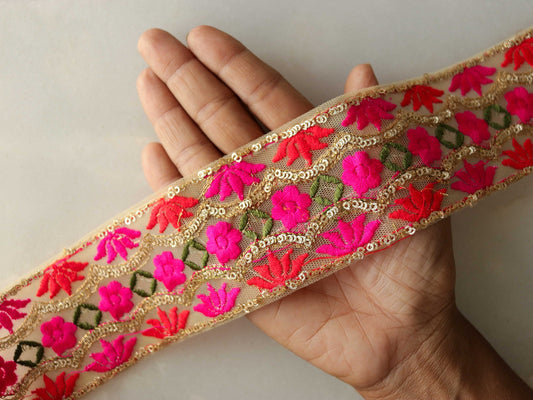 Orange Pink Floral Embroidered Trim,Orange Floral Net Border,Floral Embroidery Lace,Indian Trim,Floral Saree Border,Price/mtr