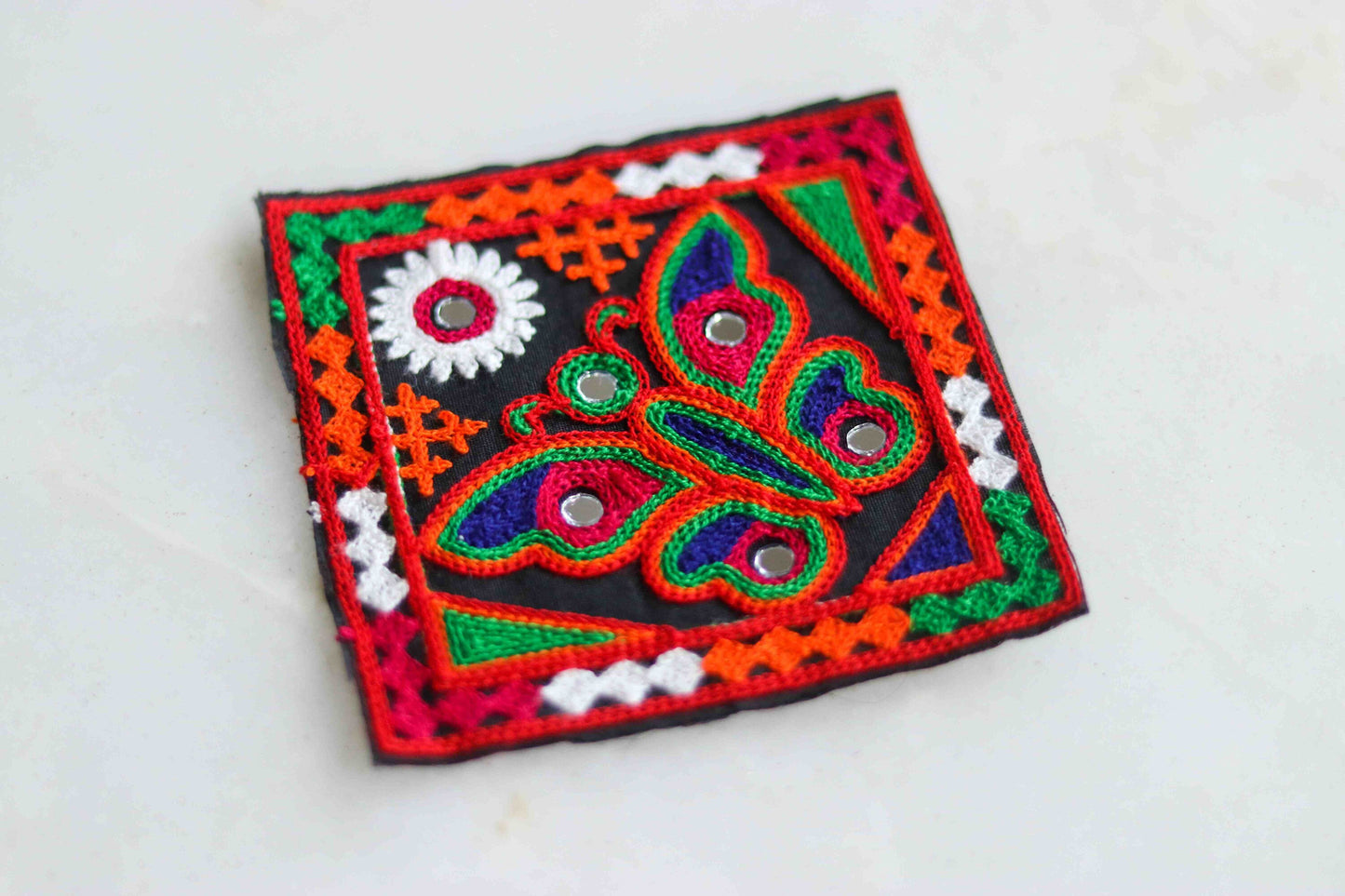 Black Orange Butterfly Embroidered Patch, Kutchi Handmade Square Mirror Applique, Boho Tribal Banjara Multicolour Quirky DIY Costume Patch