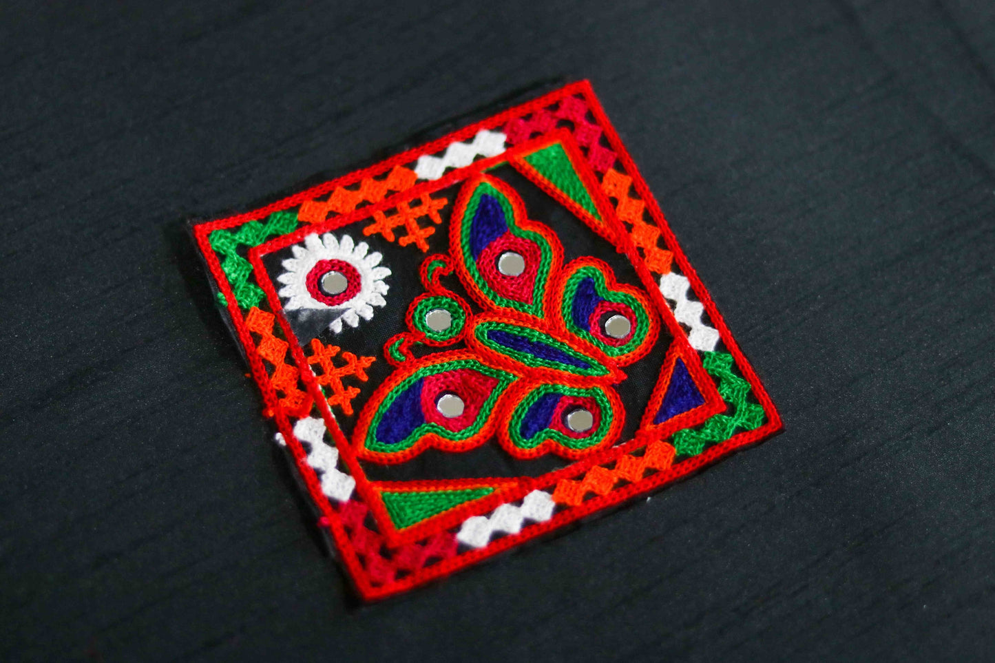 Black Orange Butterfly Embroidered Patch, Kutchi Handmade Square Mirror Applique, Boho Tribal Banjara Multicolour Quirky DIY Costume Patch