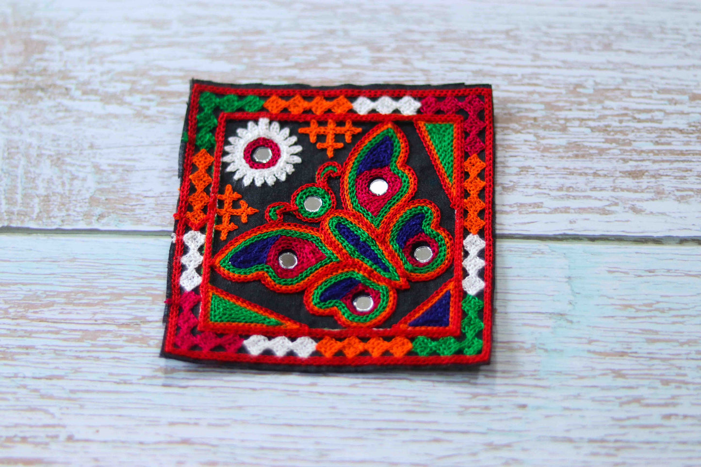 Black Orange Butterfly Embroidered Patch, Kutchi Handmade Square Mirror Applique, Boho Tribal Banjara Multicolour Quirky DIY Costume Patch