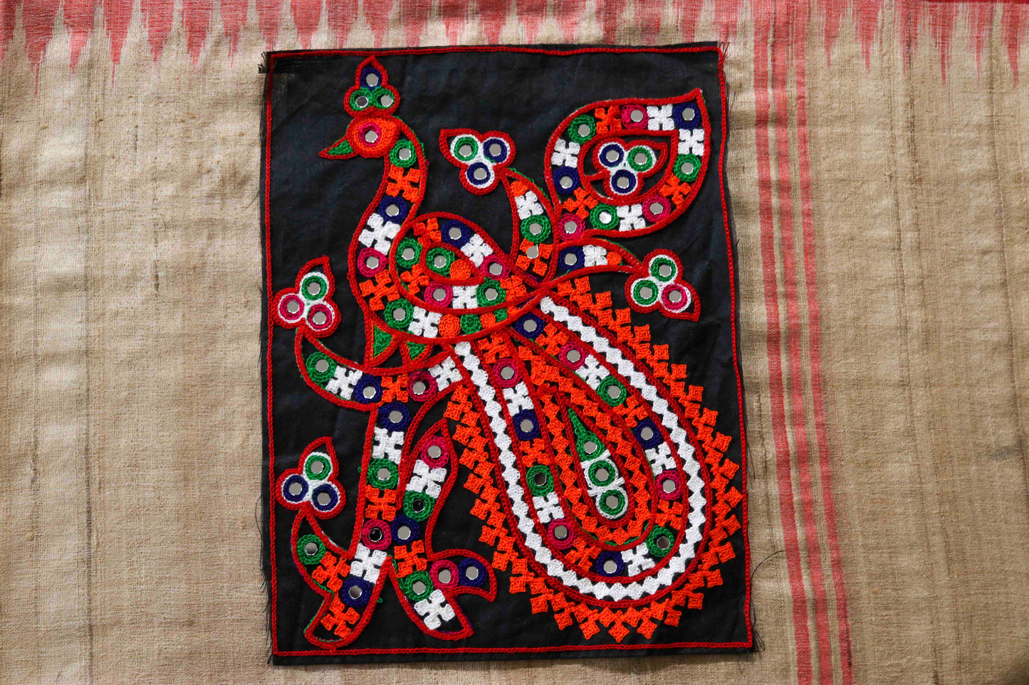 Large Black Orange Peacock Patch, Kutchi Embroidered Handmade Mirror Applique, Boho Tribal Banjara Multicolour Quirky DIY Costume Patch