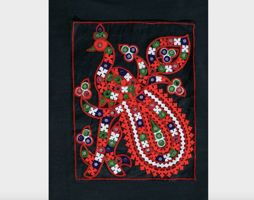 Large Black Orange Peacock Patch, Kutchi Embroidered Handmade Mirror Applique, Boho Tribal Banjara Multicolour Quirky DIY Costume Patch