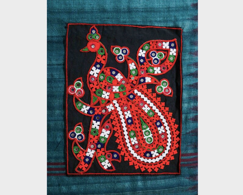 Large Black Orange Peacock Patch, Kutchi Embroidered Handmade Mirror Applique, Boho Tribal Banjara Multicolour Quirky DIY Costume Patch