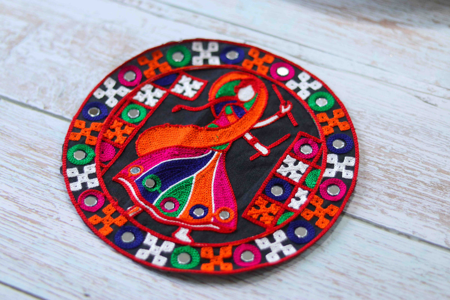 Garba Dancing Girl Indian Patch, Kutchi Embroidered Handmade Mirror Applique, Orange Black Boho Banjara Dandiya Quirky DIY Costume Patch