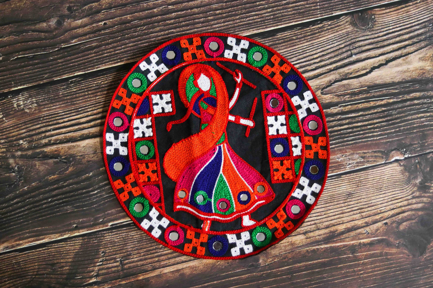 Garba Dancing Girl Indian Patch, Kutchi Embroidered Handmade Mirror Applique, Orange Black Boho Banjara Dandiya Quirky DIY Costume Patch