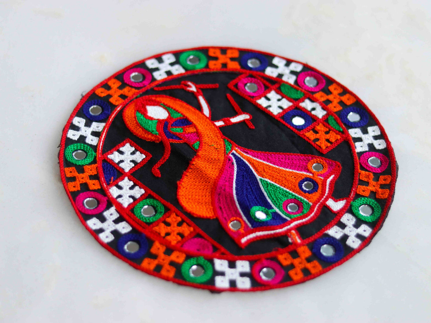 Garba Dancing Girl Indian Patch, Kutchi Embroidered Handmade Mirror Applique, Orange Black Boho Banjara Dandiya Quirky DIY Costume Patch