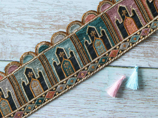 Black Pastel Palace Embroidered Trim,Colourful Pastel Palace Border,Black Boho Trim,Royal Indian Designer Lace,Black Saree Border,Price/mtr