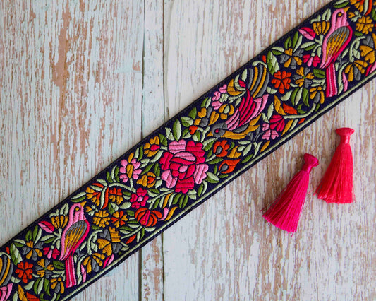Black Pink Bird Floral Trim,Jacquard Pink Sparrow Brocade Border,Indian Brocade Lace,Boho Black Pink Trim,Bird Floral Saree Border,Price/mtr