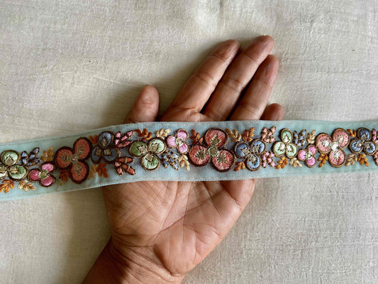 Blue Pastel Floral Embroidered Trim,Net Floral Border,Blue Peach Floral Net Lace,Indian Fabric Trim,Saree Border,インド刺繍リボン, Price/mtr
