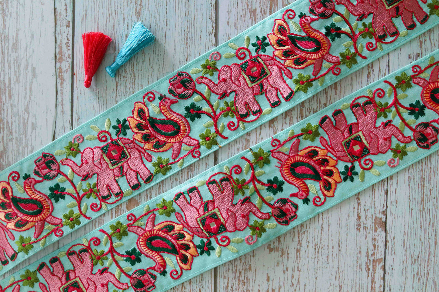 Green Pink Elephant Peacock Trim, Embroidered Elephant Border, Royal Indian Designer Lace, Animal Bird Saree Border, インド刺繍リボン, Price/mtr