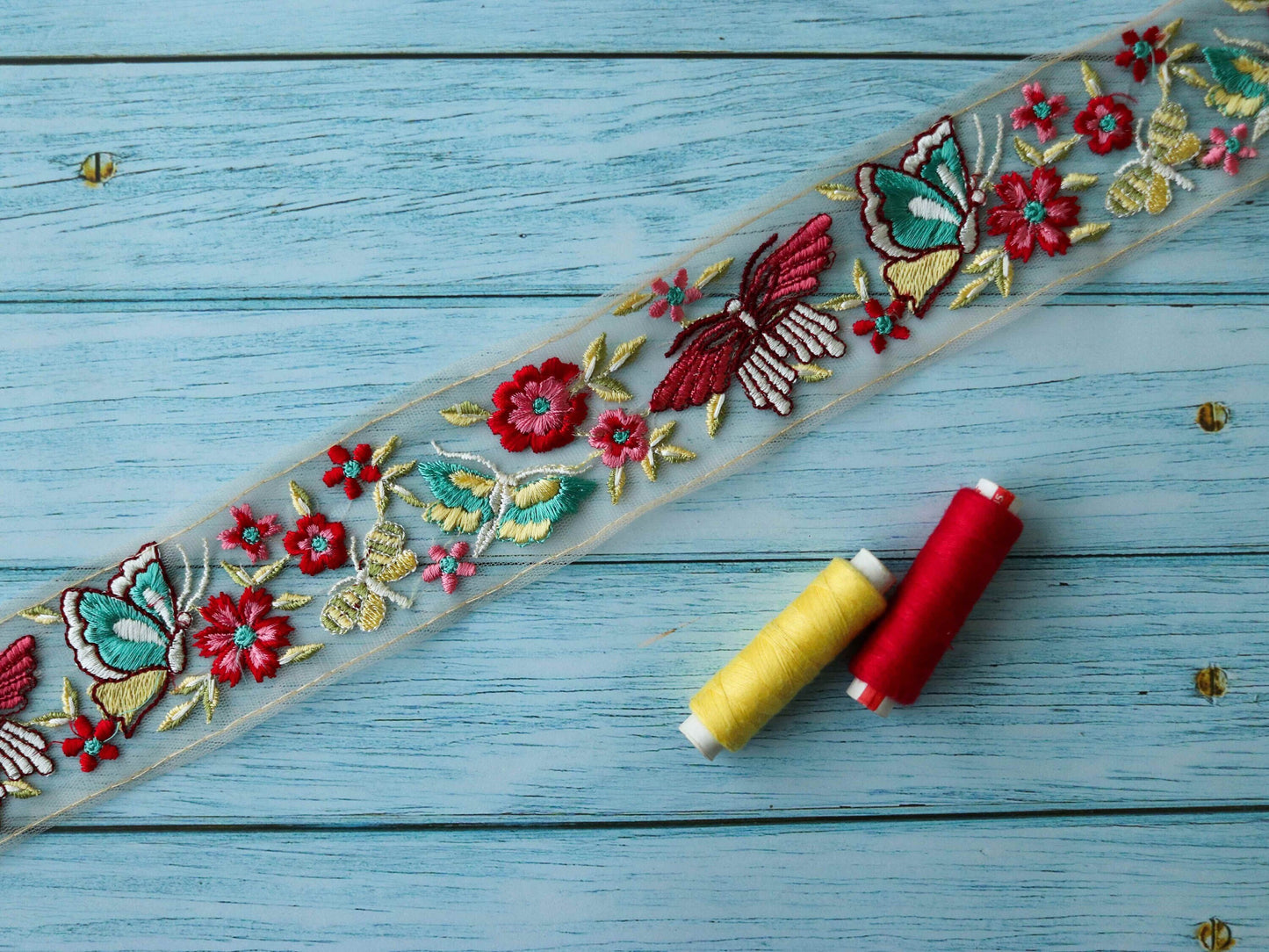 Pink Yellow Butterfly Floral Trim,Embroidered Floral Net Border,Pink Teal Floral Lace,Indian Fabric Trim,Butterfly Saree Border,Price/mtr