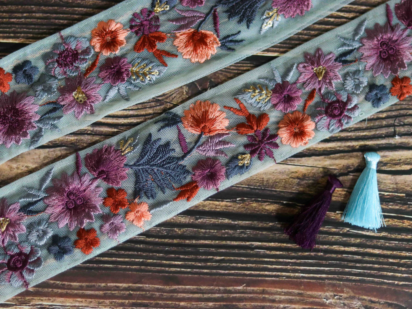Blue Pink Floral Embroidered Trim,Blue Net Floral Border,Pastel Floral Net Lace,Indian Fabric Trim,Saree Border,インド刺繍リボン, Price/mtr