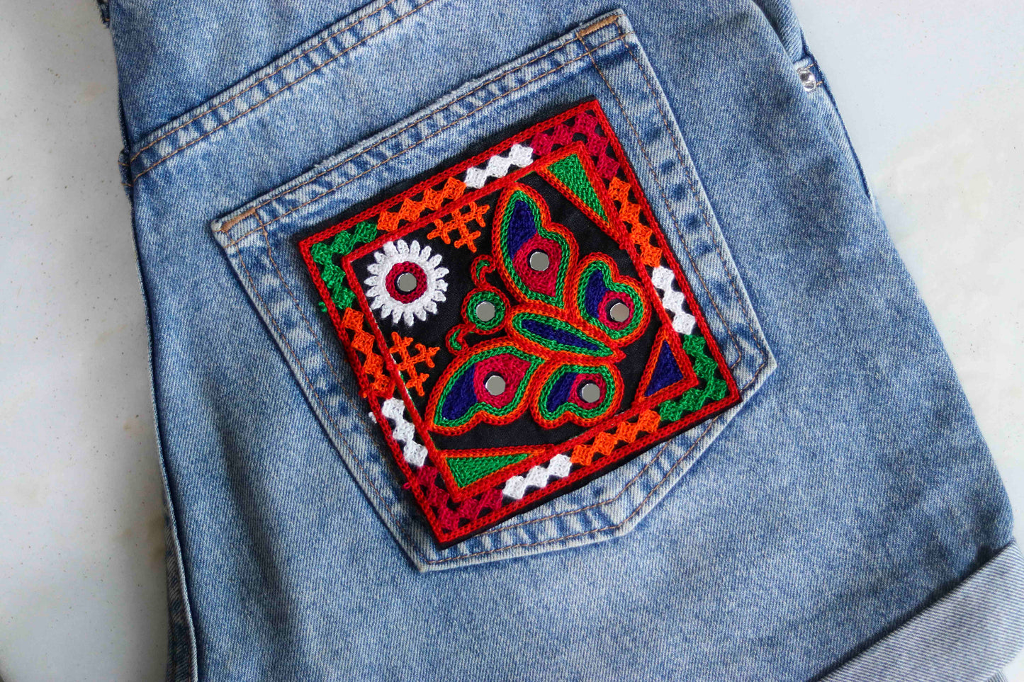 Black Orange Butterfly Embroidered Patch, Kutchi Handmade Square Mirror Applique, Boho Tribal Banjara Multicolour Quirky DIY Costume Patch