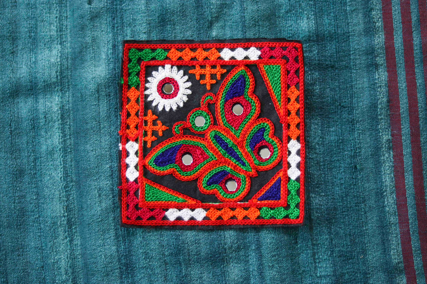 Black Orange Butterfly Embroidered Patch, Kutchi Handmade Square Mirror Applique, Boho Tribal Banjara Multicolour Quirky DIY Costume Patch