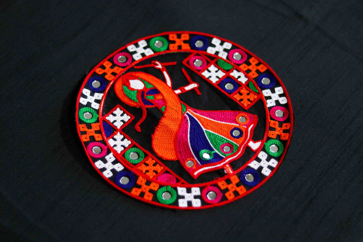 Garba Dancing Girl Indian Patch, Kutchi Embroidered Handmade Mirror Applique, Orange Black Boho Banjara Dandiya Quirky DIY Costume Patch