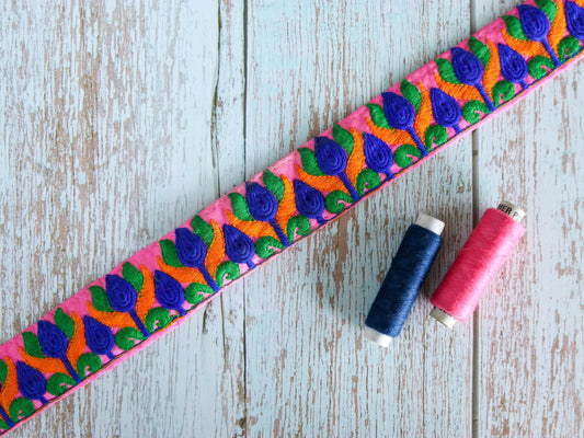 Pink Blue Floral Embroidered Trim,Indian Floral Fabric Border,Tulip Floral Lace,Parsi Embroidery Border,Pink Floral Saree Border,Price/mtr