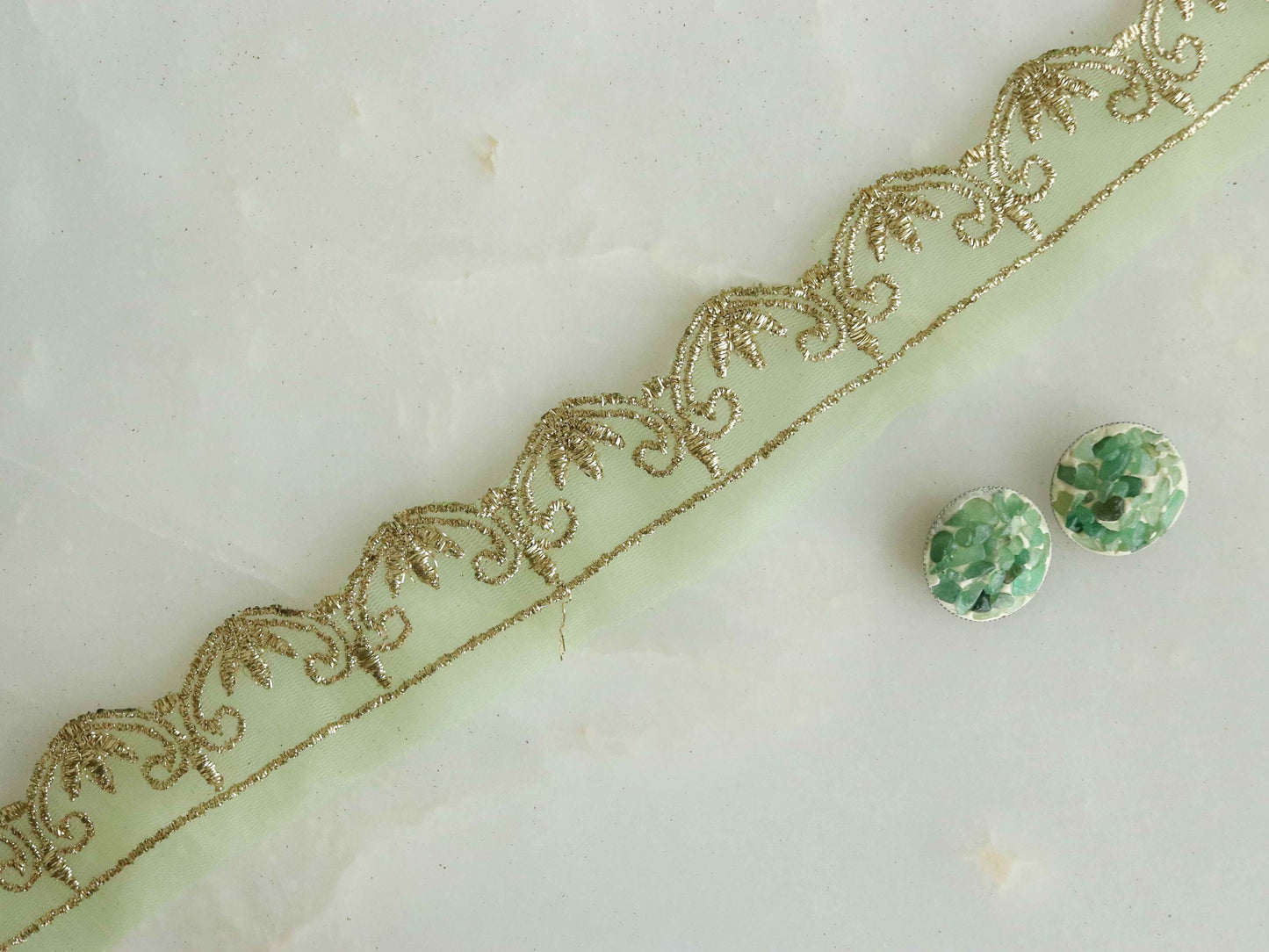 Green Gold Scallop Embroidered Trim,Mint Green Net Border,Cutwork Floral Net Lace,Indian Fabric Trim,Green Saree Border,Price/mtr