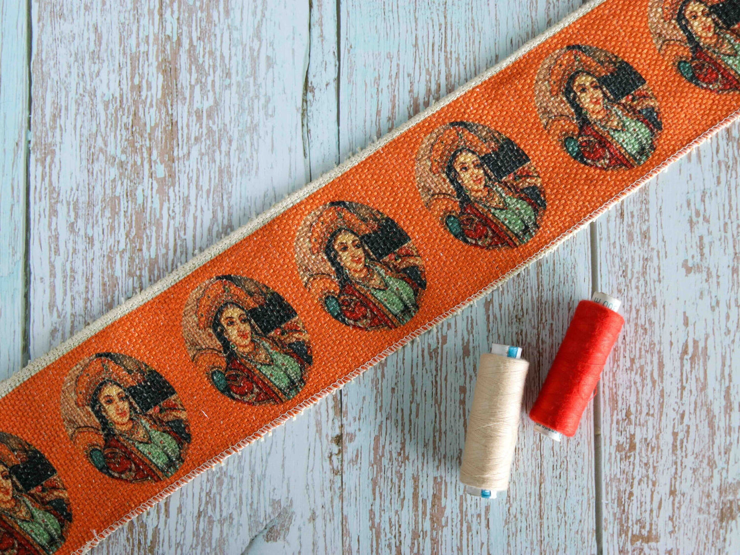 Indian Queen Jute Print Trim, Boho Digital Print Rustic Orange Border, Woman Human Print Lace, Broad Designer Bridal Saree Border, Price/mtr