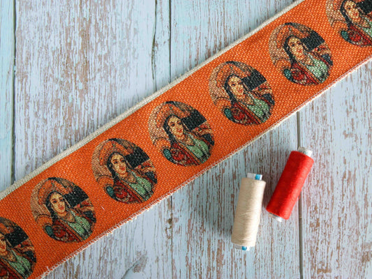Indian Queen Jute Print Trim, Boho Digital Print Rustic Orange Border, Woman Human Print Lace, Broad Designer Bridal Saree Border, Price/mtr