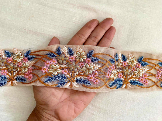 Pink Grey Floral Embroidered Trim,Pink Beige Net Floral Border,Pink Blue Net Lace,Indian Fabric Trim,Saree Border,Price/mtr, インド刺繍リボン