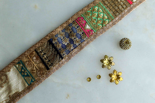 Boho Colourful Patchwork Embroidered Trim, Upcycled Embroidered Lace,Beige Gold Floral Border,Indian Khichdi Saree Border,Price/mtr