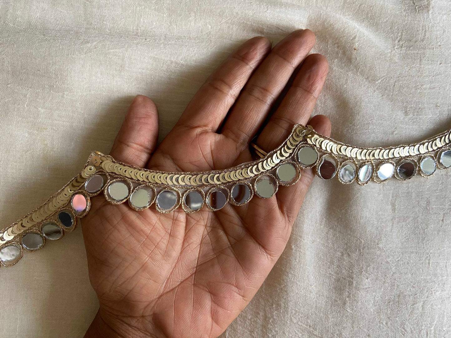 Scallop Mirror Embroidered Fringe Trim,Handmade Cutwork Half Moon Real Mirror Indian Border,Bridal Mirror Lace,Mirror Saree Border,Price/mtr