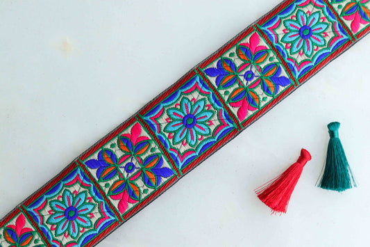 Blue Red Floral Jacquard Trim, Blue Geometric Brocade Border, Indian Brocade Lace, Boho Blue Trim, Blue Red Floral Saree Border, Price/mtr