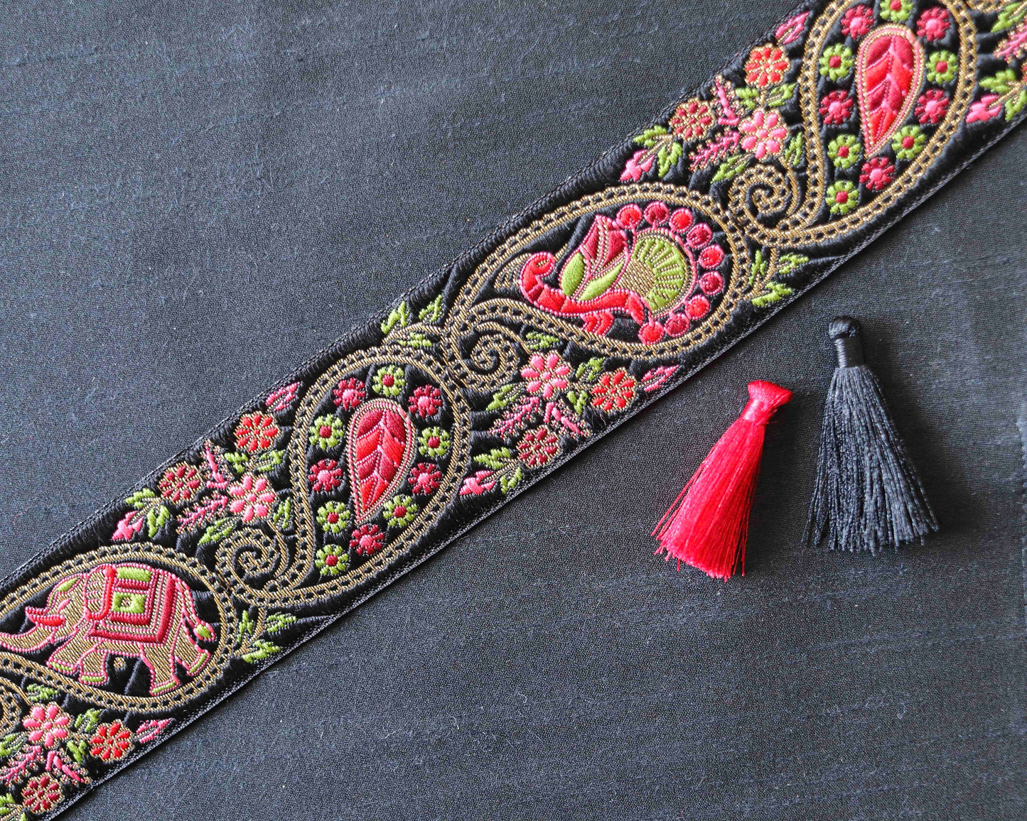 Black Elephant Peacock Jacquard Trim,Brocade Black Red Animal Bird Border,Indian Brocade Lace,Boho Trim, Floral Saree Border,Price/mtr