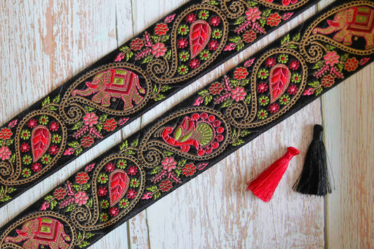 Black Elephant Peacock Jacquard Trim,Brocade Black Red Animal Bird Border,Indian Brocade Lace,Boho Trim, Floral Saree Border,Price/mtr