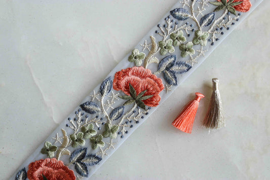 Grey Peach Floral Embroidered Trim,Peach Mint Grey Net Floral Border,Blue Net Lace,Indian Fabric Trim,Saree Border,Price/mtr, インド刺繍リボン