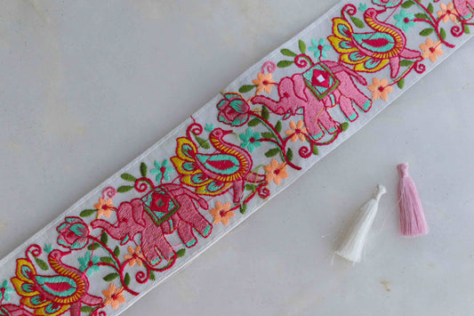 White Pink Elephant Peacock Trim,Embroidered Elephant Border,Royal Indian Designer Lace,Animal Bird Floral Saree Border, インド刺繍リボン, Price/mtr