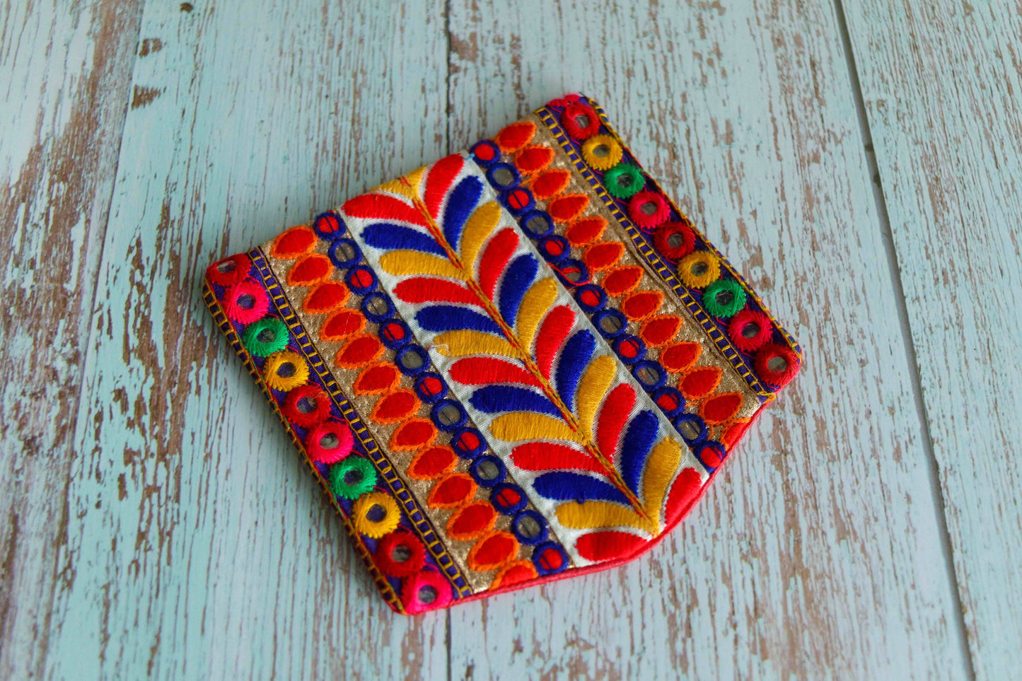 Boho Multicolour Embroidered Pocket Patch,Handmade Indian Kutchi Pocket Applique, Red Yellow Kitschy Patch,DIY Denim Jacket Patch