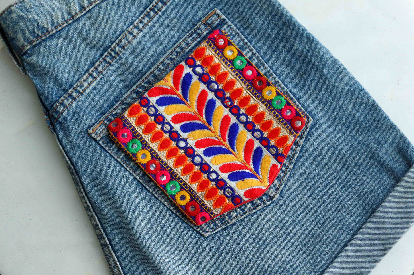 Boho Multicolour Embroidered Pocket Patch,Handmade Indian Kutchi Pocket Applique, Red Yellow Kitschy Patch,DIY Denim Jacket Patch